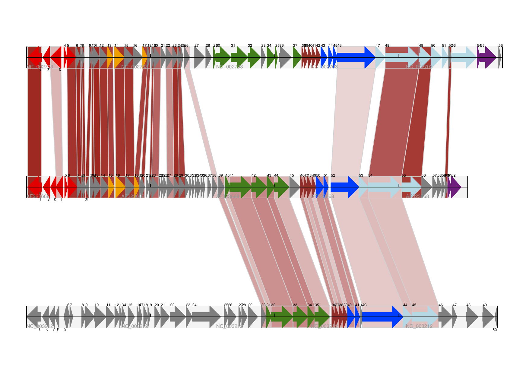 Linear diagram with three tracks plus shaded cross-links